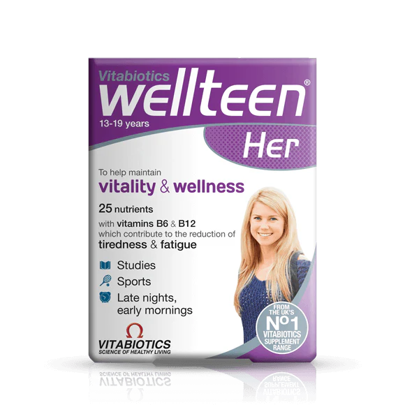 Front bottle of Vitabiotics Wellteen Her 30 Tablets - Imported UK Teen Girl Multivitamin | MyVitaminHub

