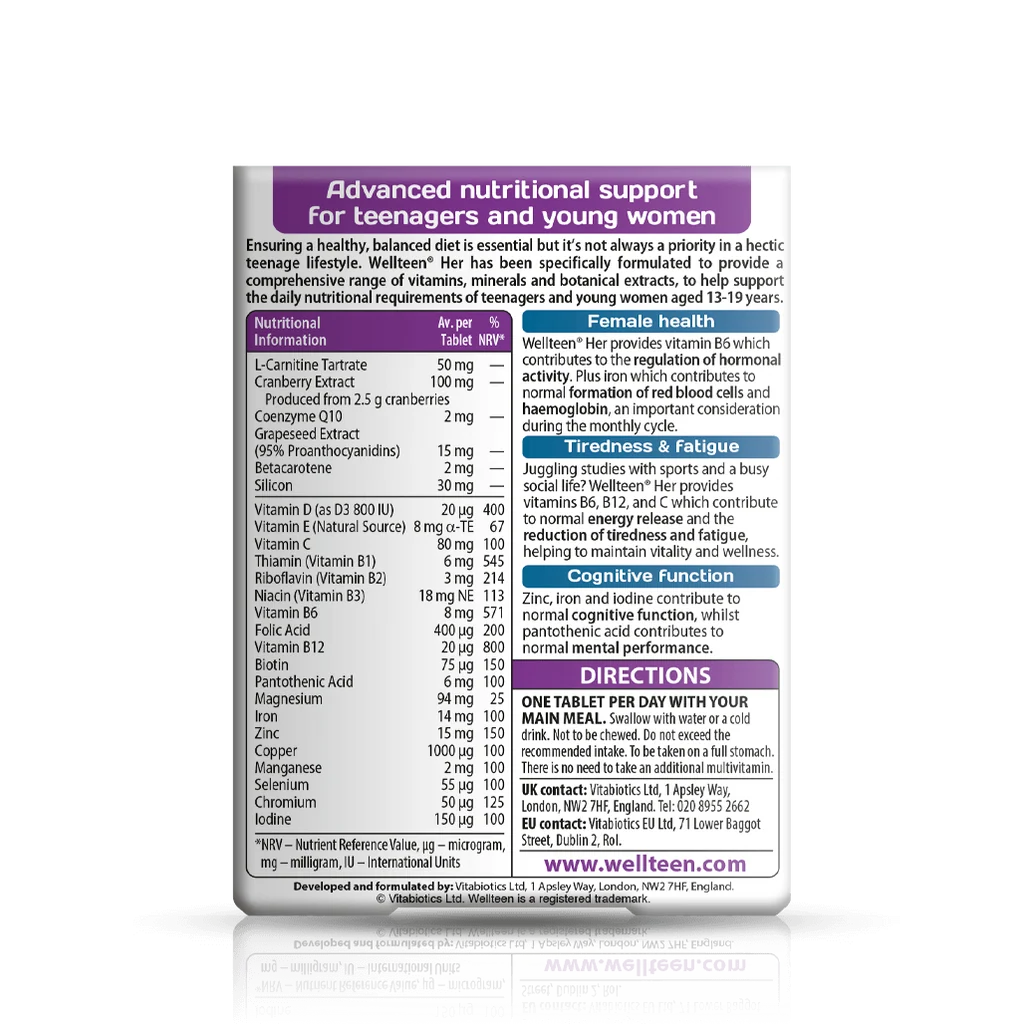 Back label showing supplement facts and ingredient table for Vitabiotics Wellteen Her 30 Tabs - MyVitaminHub
