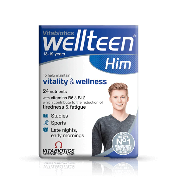 Front bottle of Vitabiotics Wellteen Him 30 Tabs - Imported UK Teen Boys Multivitamin Ages 13-19 | MyVitaminHub