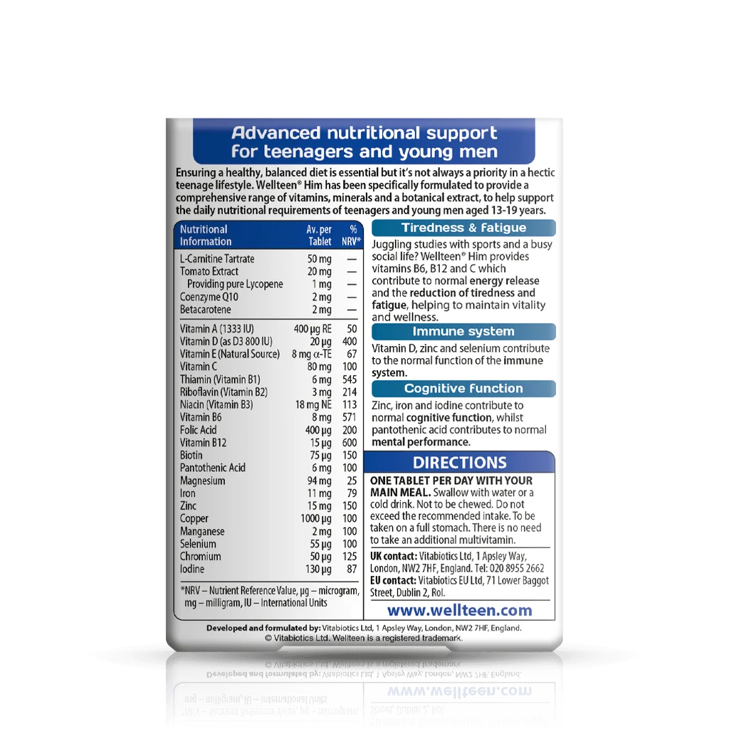 Back label showing supplement facts and ingredient table for Vitabiotics Wellteen Him 30 Tablets - MyVitaminHub
