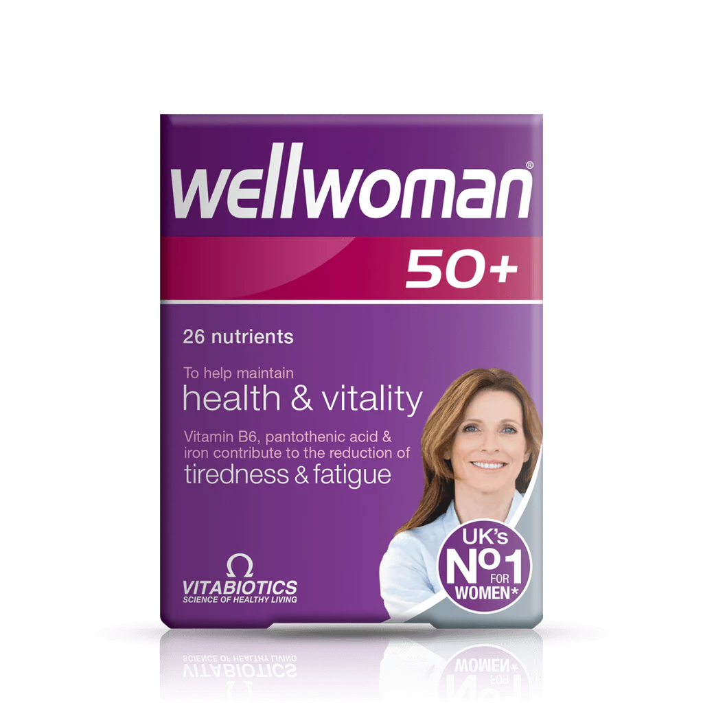 Front bottle of Vitabiotics Wellwoman 50+ 30 Tabs - Imported UK Women's Multivitamin Over 50 | MyVitaminHub