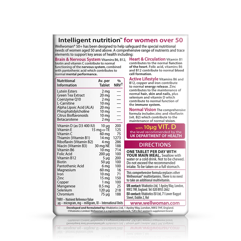 Back label showing supplement facts and ingredient table for Vitabiotics Wellwoman 50+ 30 Tabs - MyVitaminHub