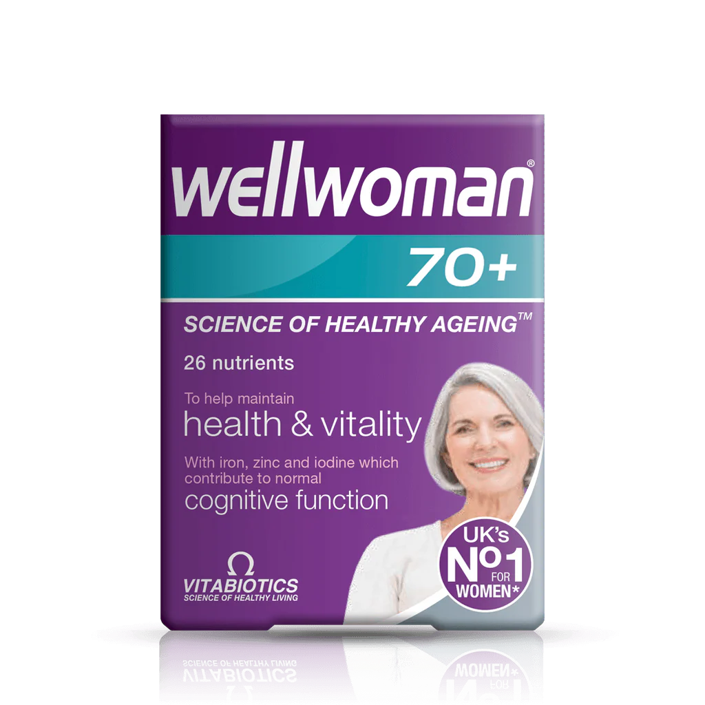 Front bottle of Vitabiotics Wellwoman 70+ 30 Tabs - Imported UK Women's Multivitamin Over 70 | MyVitaminHub