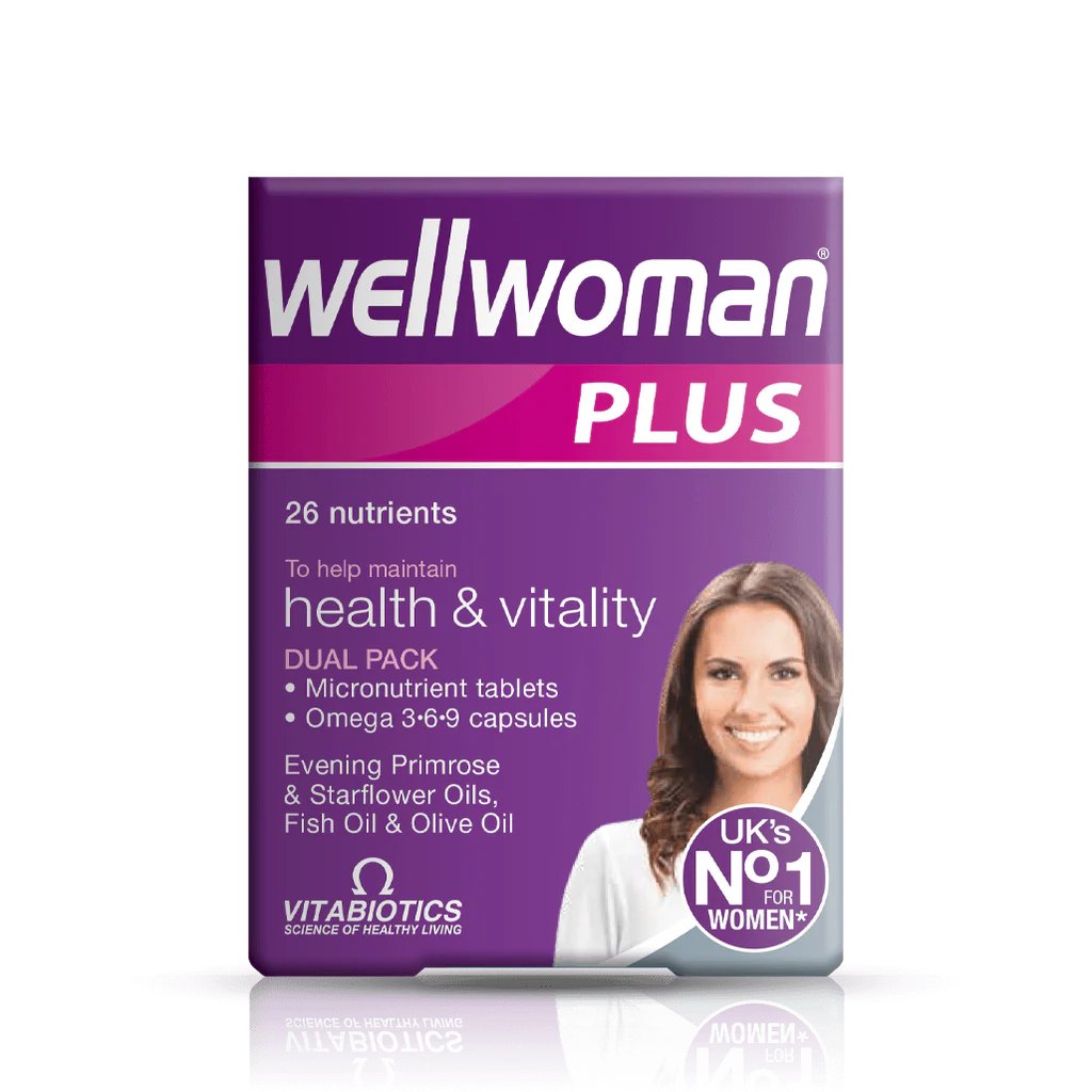 Front box of Vitabiotics Wellwoman Plus 56 Count - Imported UK Women's Multivitamin & Omega 3-6-9 | MyVitaminHub