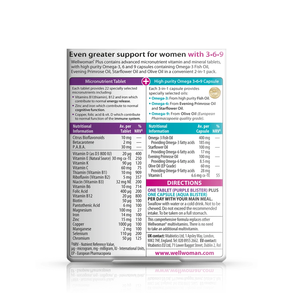 Back label showing supplement facts and ingredient table for Vitabiotics Wellwoman Plus 56 Count - MyVitaminHub