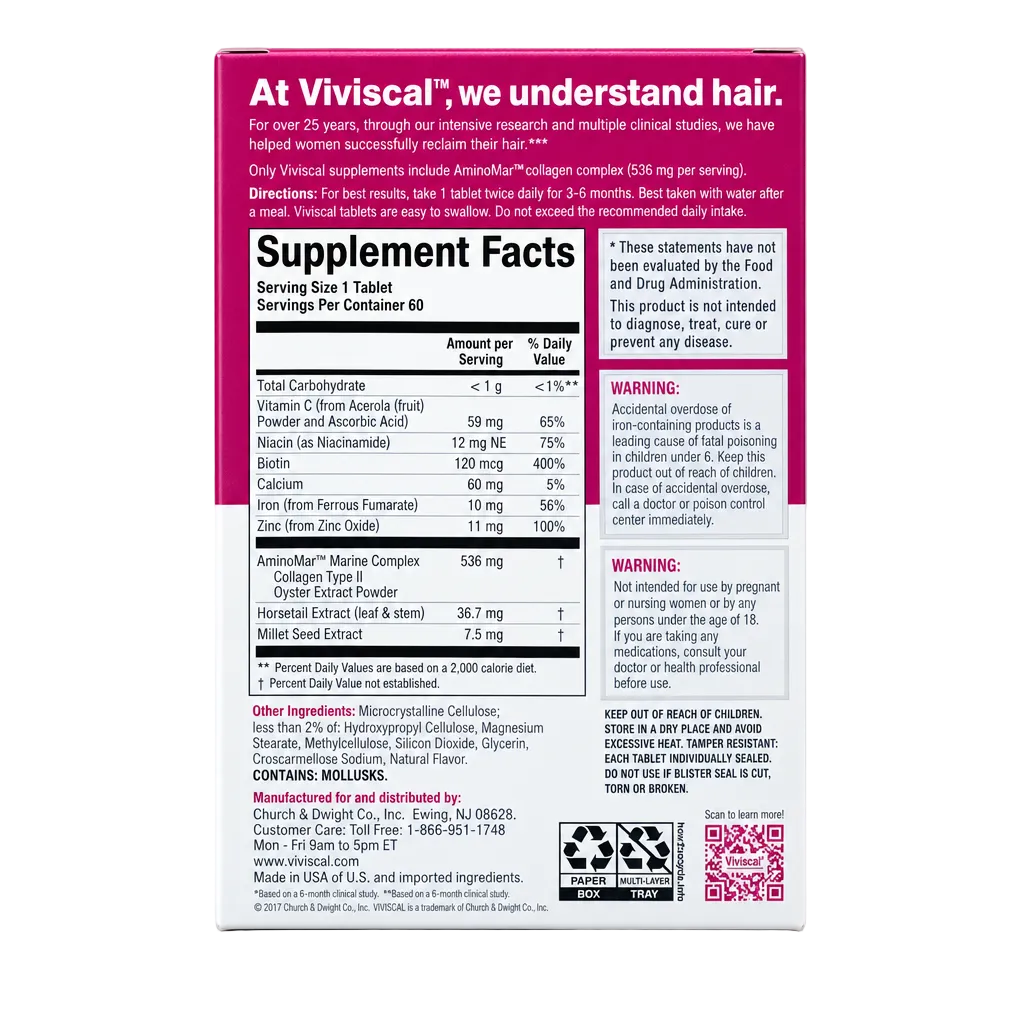 Supplement Facts label showing AminoMar complex, Biotin, and ingredients on Viviscal Hair Growth Supplement - MyVitaminHub