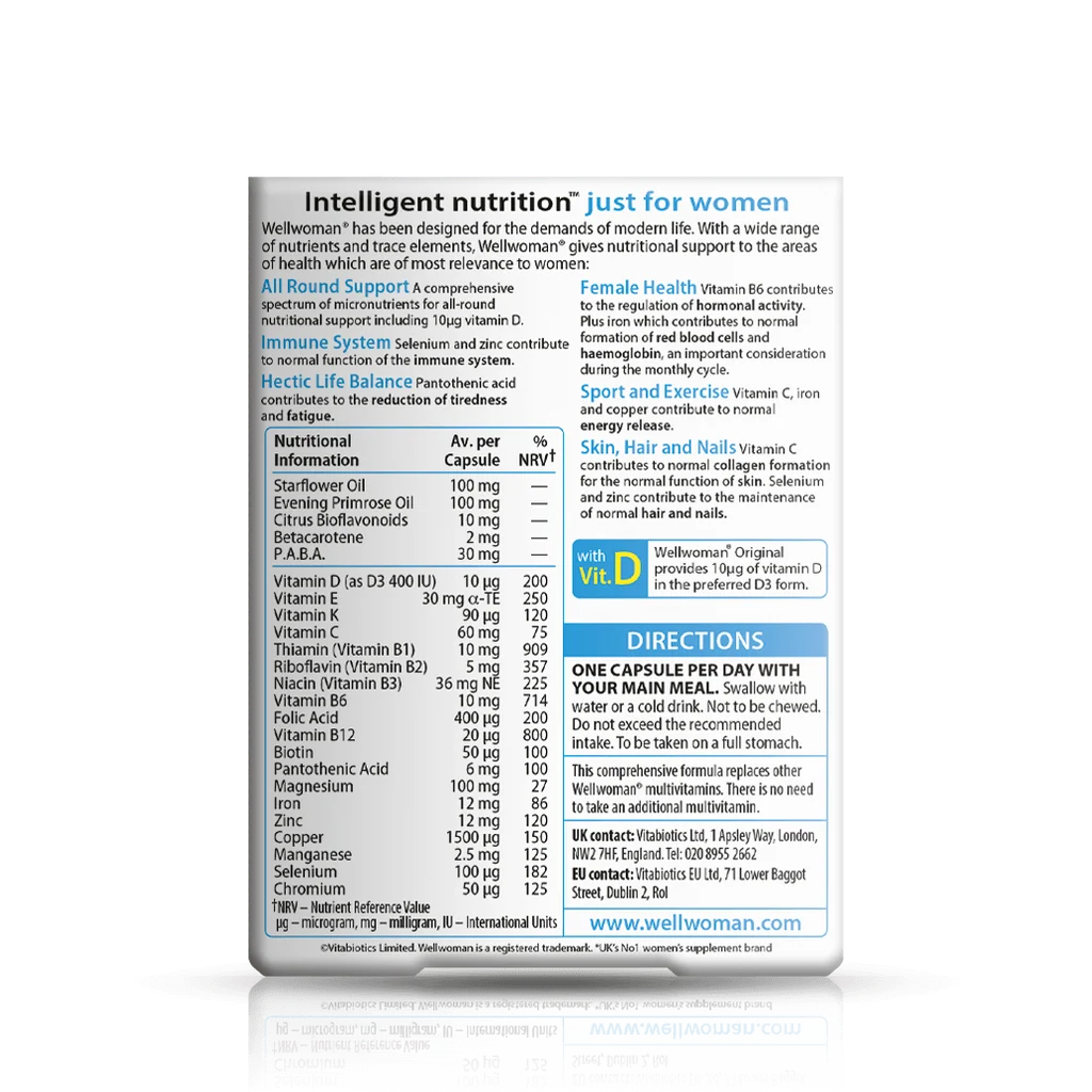 Back label showing supplement facts and ingredient table for Vitabiotics Wellwoman Original 30 Cap - MyVitaminHub
